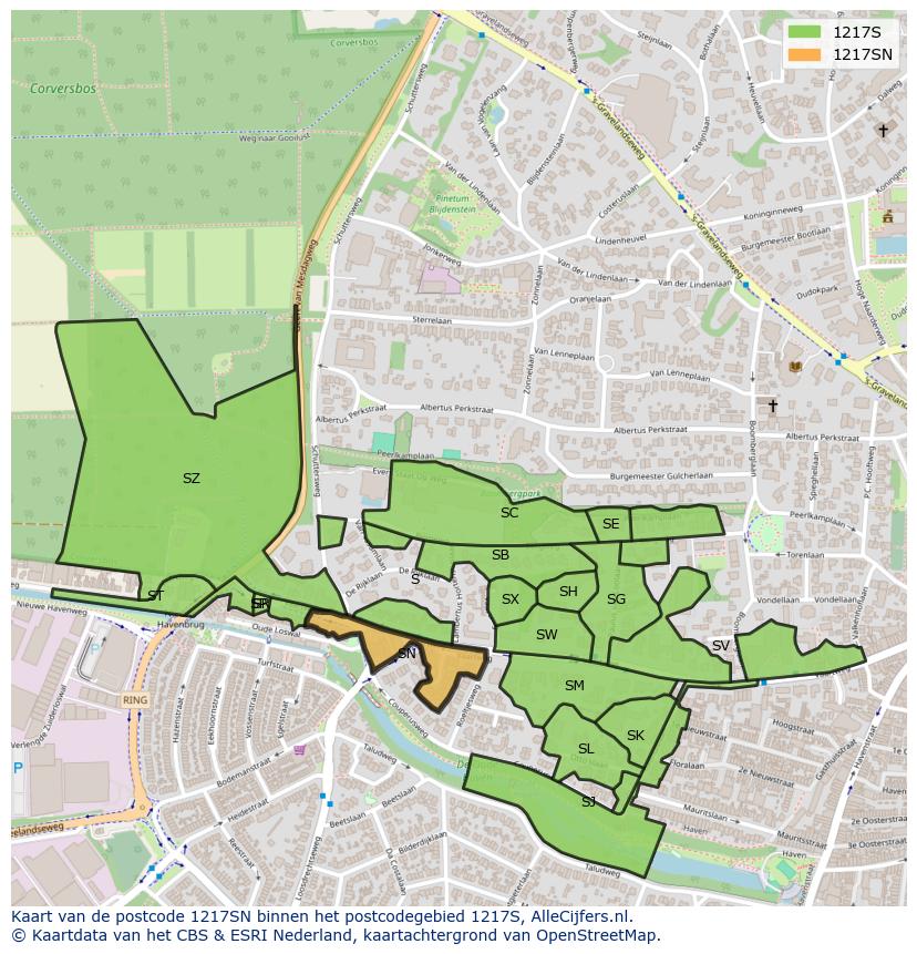 Afbeelding van het postcodegebied 1217 SN op de kaart.