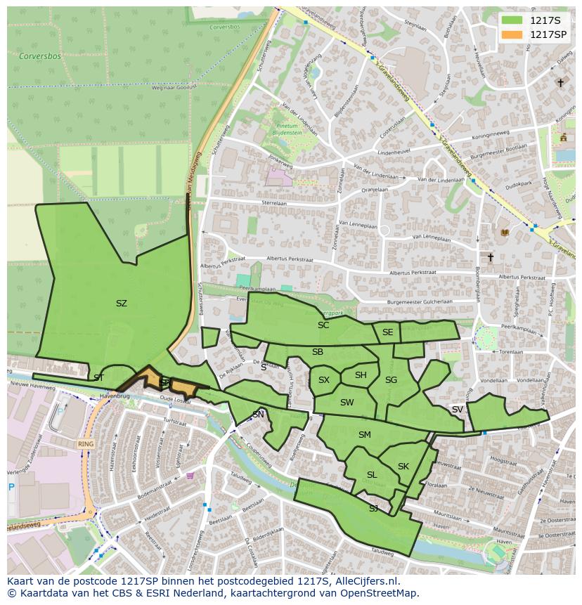 Afbeelding van het postcodegebied 1217 SP op de kaart.