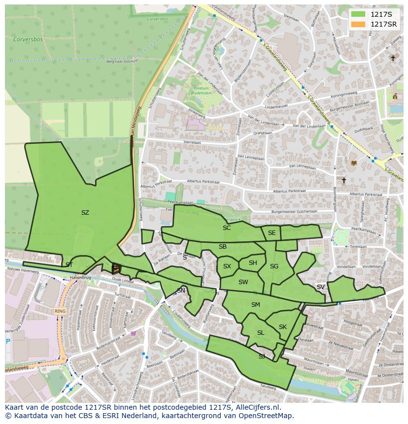 Afbeelding van het postcodegebied 1217 SR op de kaart.