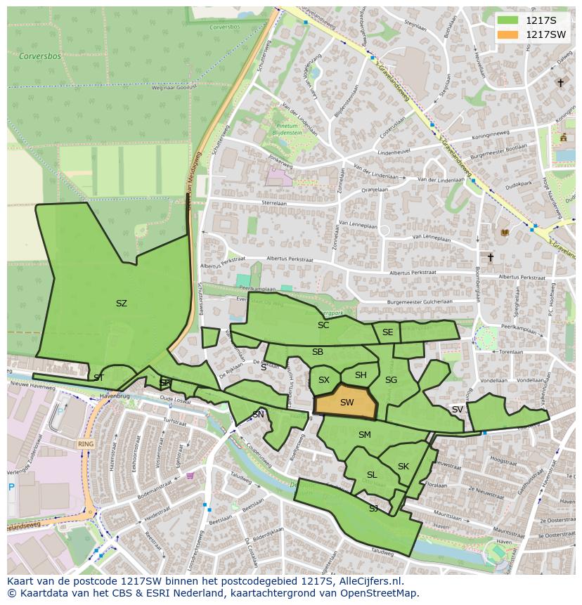 Afbeelding van het postcodegebied 1217 SW op de kaart.