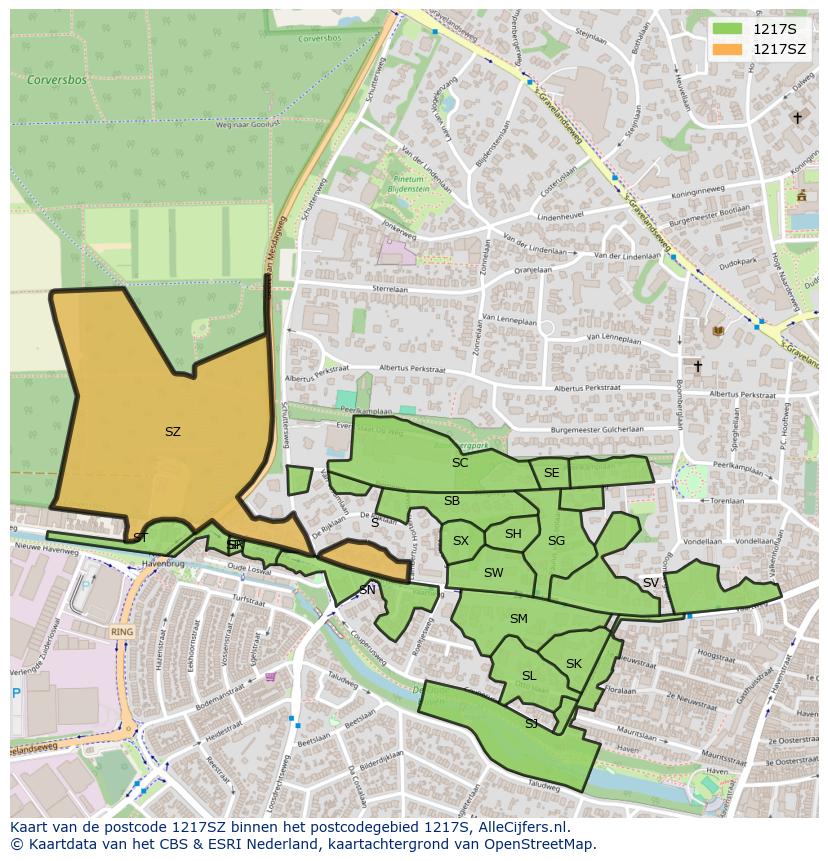 Afbeelding van het postcodegebied 1217 SZ op de kaart.