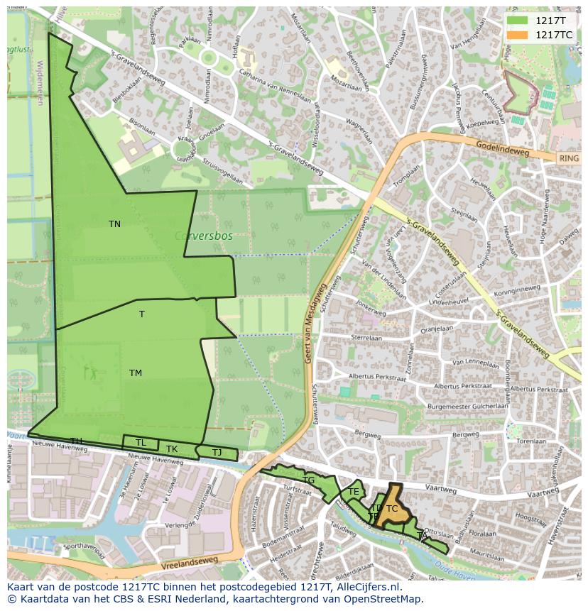 Afbeelding van het postcodegebied 1217 TC op de kaart.