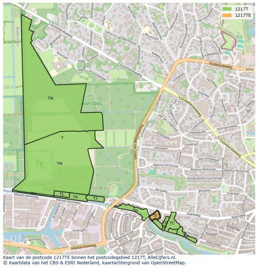Afbeelding van het postcodegebied 1217 TE op de kaart.