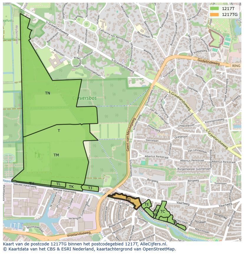 Afbeelding van het postcodegebied 1217 TG op de kaart.