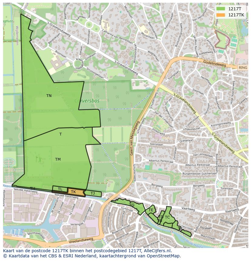 Afbeelding van het postcodegebied 1217 TK op de kaart.