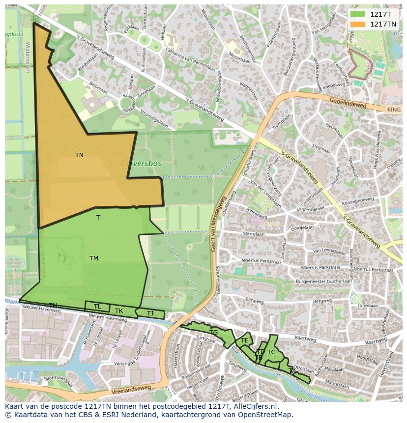 Afbeelding van het postcodegebied 1217 TN op de kaart.