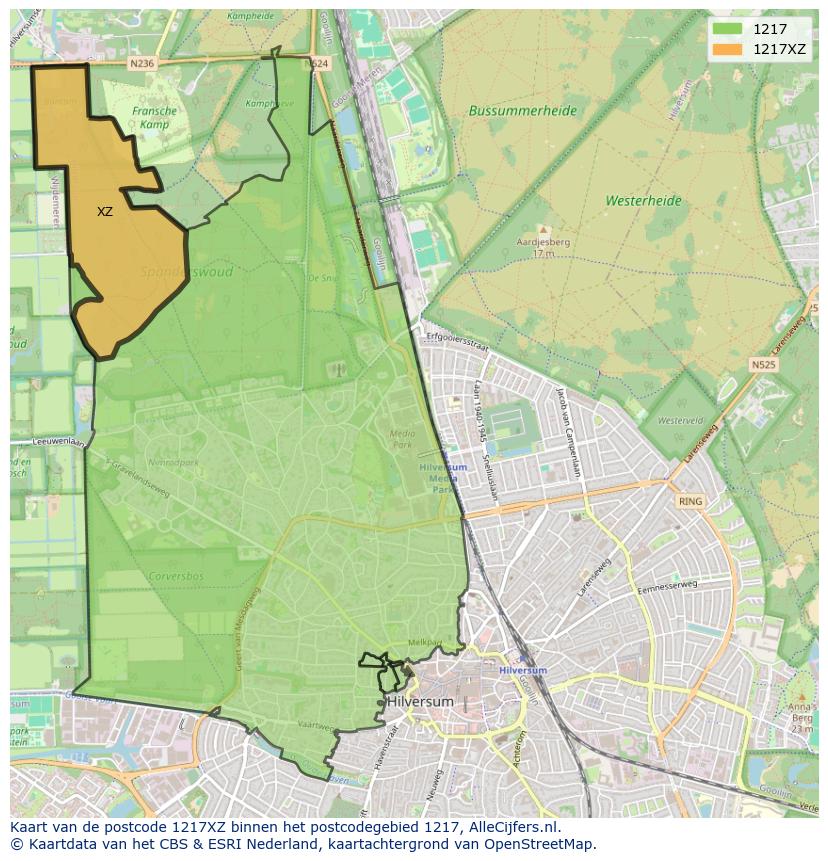 Afbeelding van het postcodegebied 1217 XZ op de kaart.