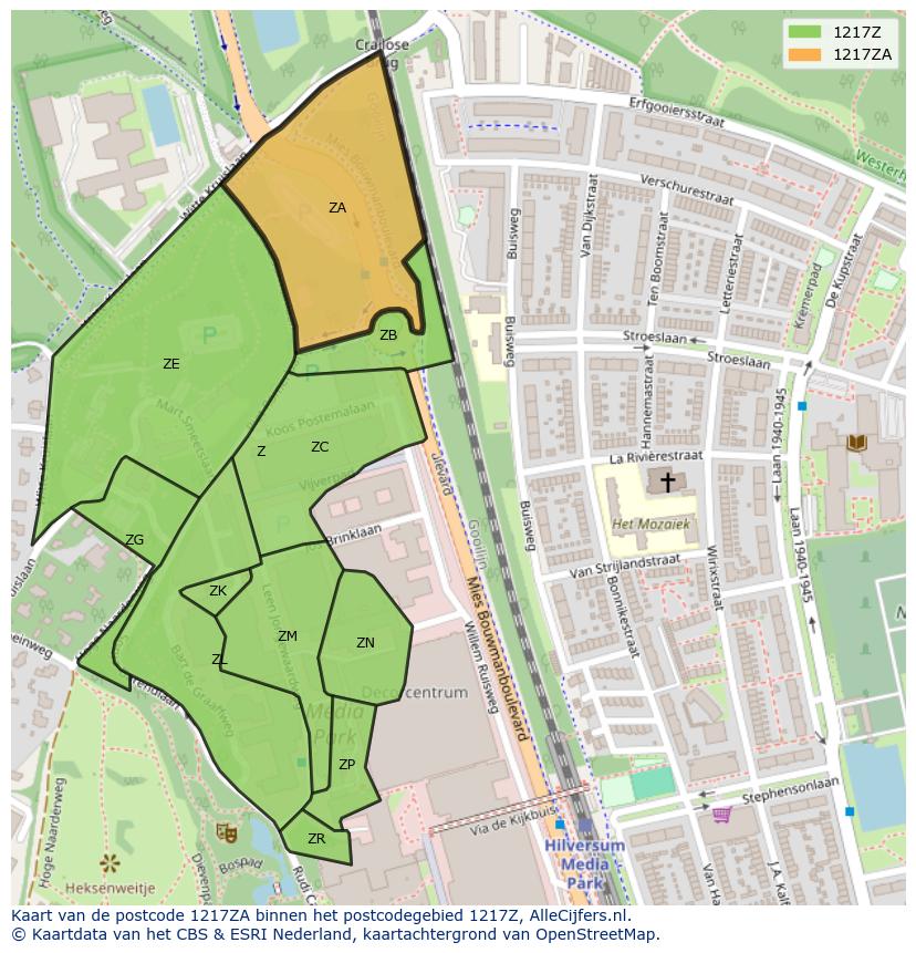 Afbeelding van het postcodegebied 1217 ZA op de kaart.