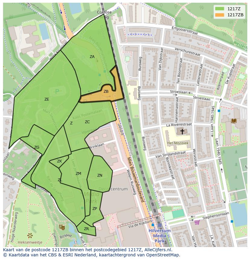 Afbeelding van het postcodegebied 1217 ZB op de kaart.