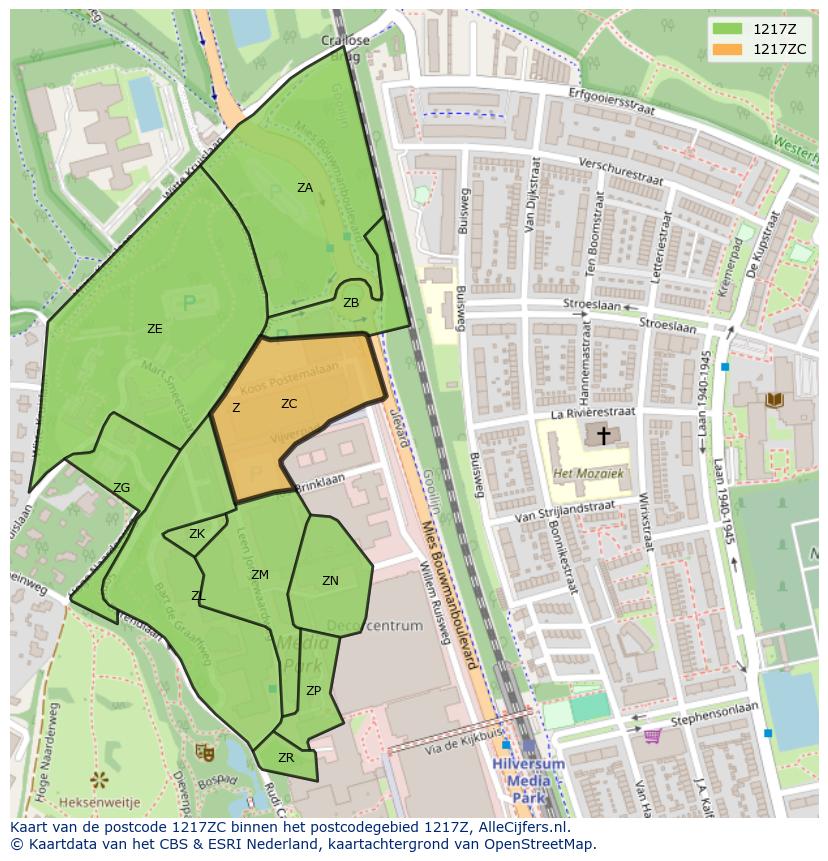 Afbeelding van het postcodegebied 1217 ZC op de kaart.