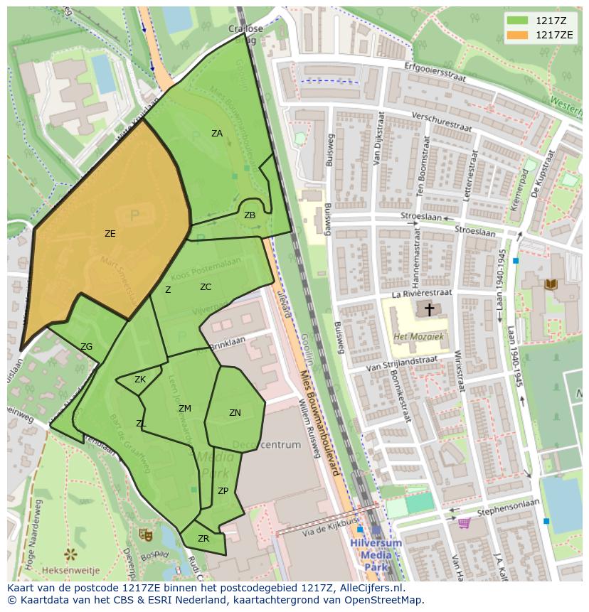 Afbeelding van het postcodegebied 1217 ZE op de kaart.