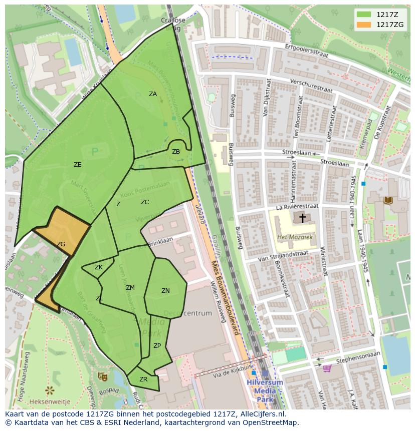 Afbeelding van het postcodegebied 1217 ZG op de kaart.