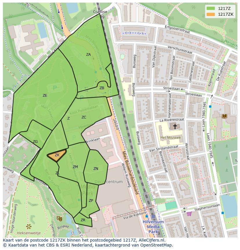 Afbeelding van het postcodegebied 1217 ZK op de kaart.