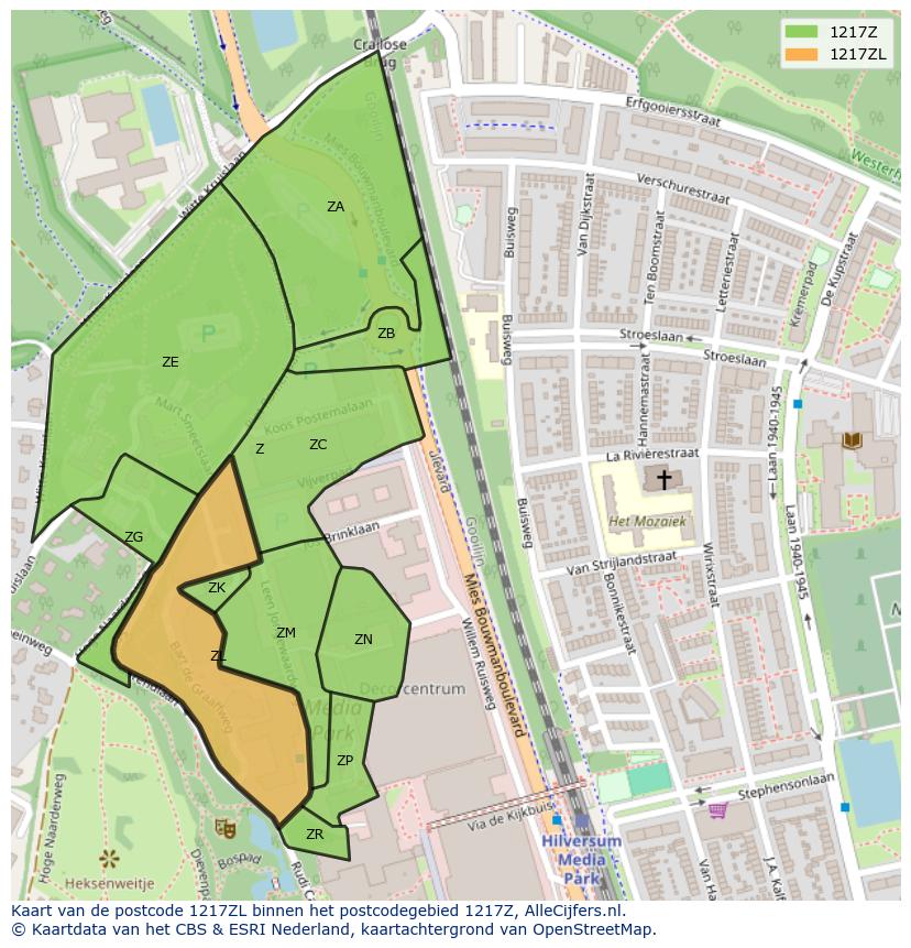 Afbeelding van het postcodegebied 1217 ZL op de kaart.