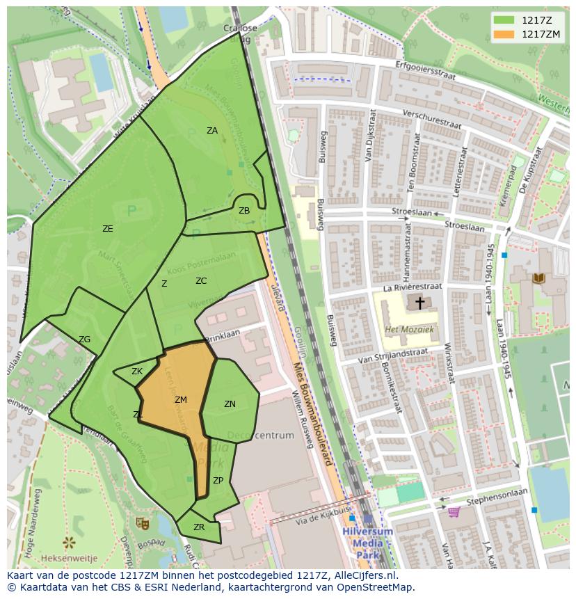 Afbeelding van het postcodegebied 1217 ZM op de kaart.