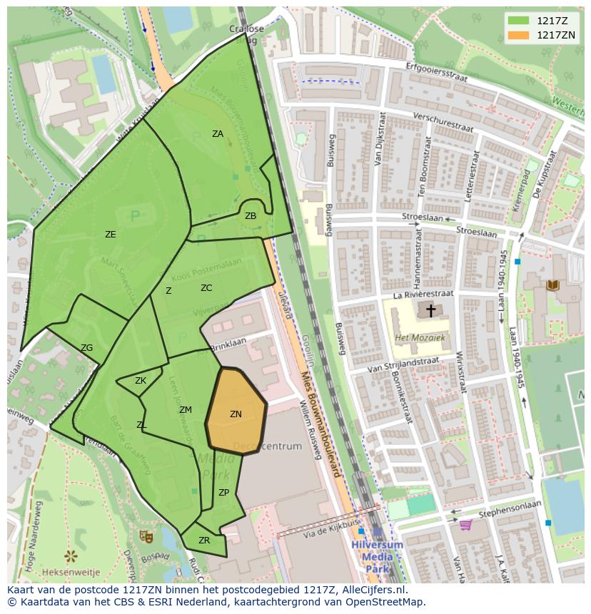 Afbeelding van het postcodegebied 1217 ZN op de kaart.
