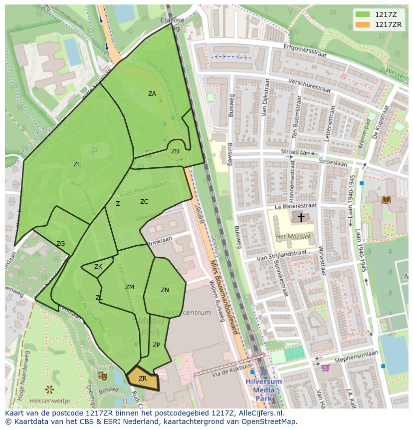Afbeelding van het postcodegebied 1217 ZR op de kaart.