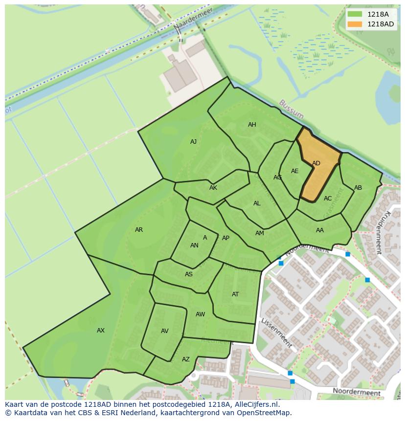Afbeelding van het postcodegebied 1218 AD op de kaart.