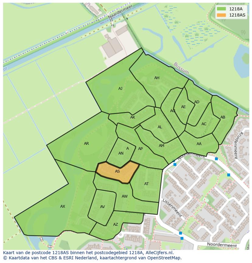Afbeelding van het postcodegebied 1218 AS op de kaart.