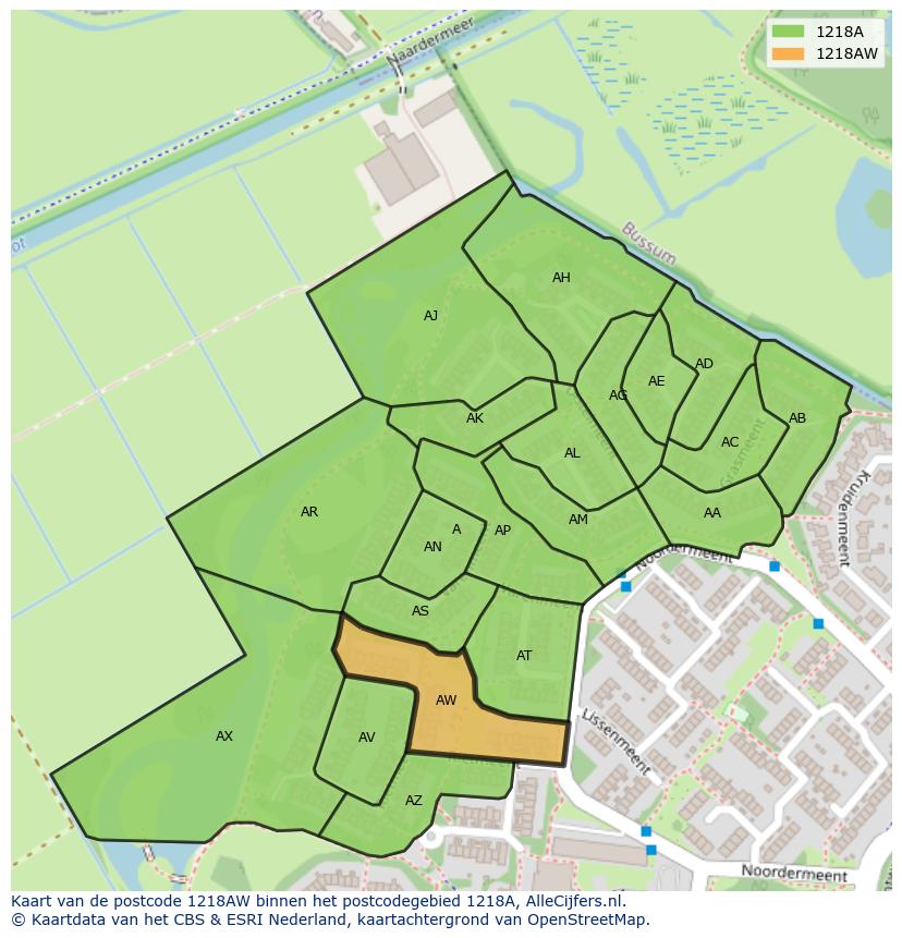 Afbeelding van het postcodegebied 1218 AW op de kaart.