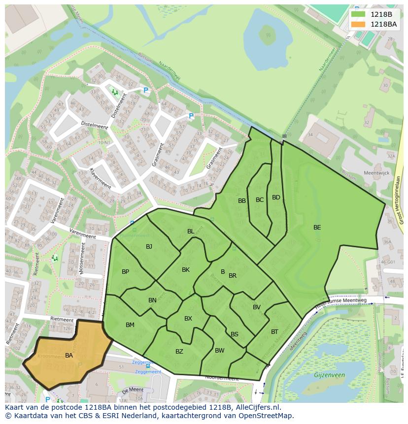 Afbeelding van het postcodegebied 1218 BA op de kaart.