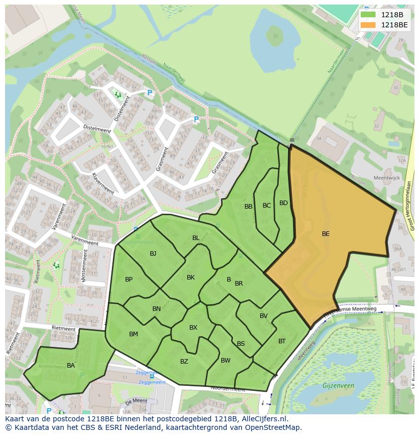 Afbeelding van het postcodegebied 1218 BE op de kaart.