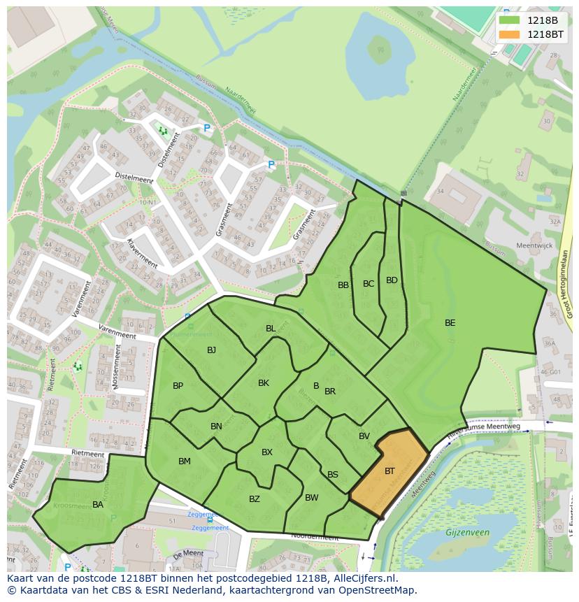 Afbeelding van het postcodegebied 1218 BT op de kaart.