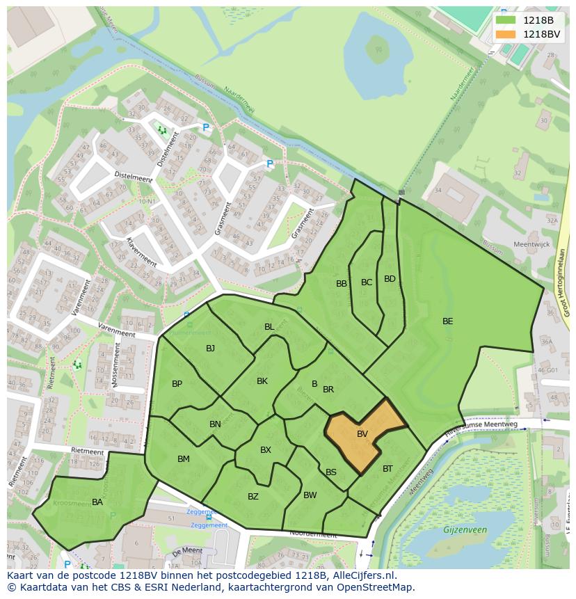 Afbeelding van het postcodegebied 1218 BV op de kaart.