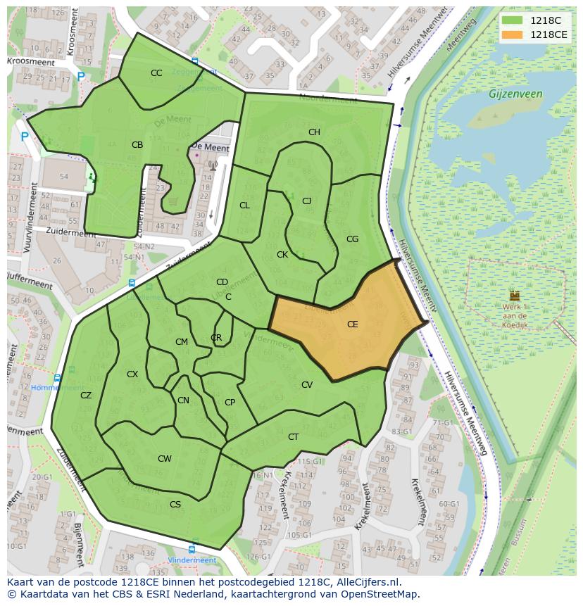 Afbeelding van het postcodegebied 1218 CE op de kaart.