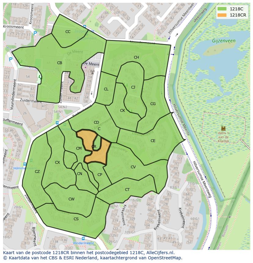 Afbeelding van het postcodegebied 1218 CR op de kaart.
