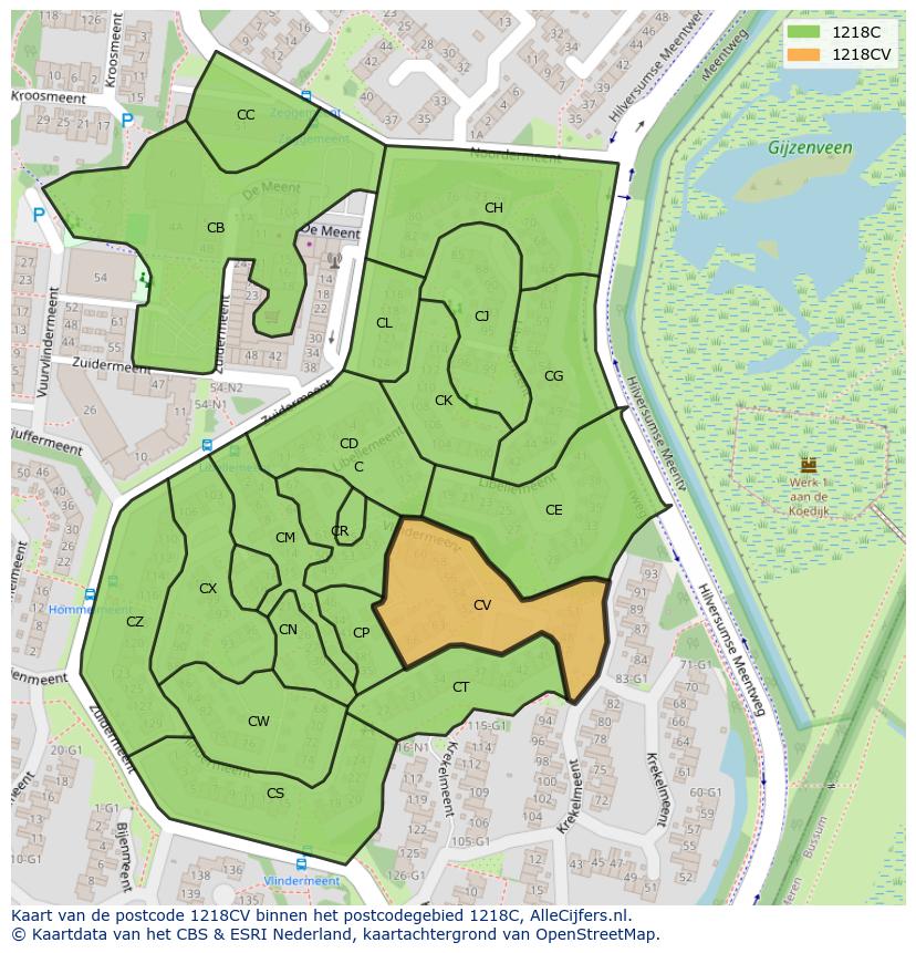 Afbeelding van het postcodegebied 1218 CV op de kaart.
