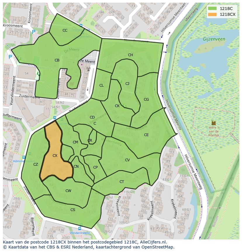 Afbeelding van het postcodegebied 1218 CX op de kaart.