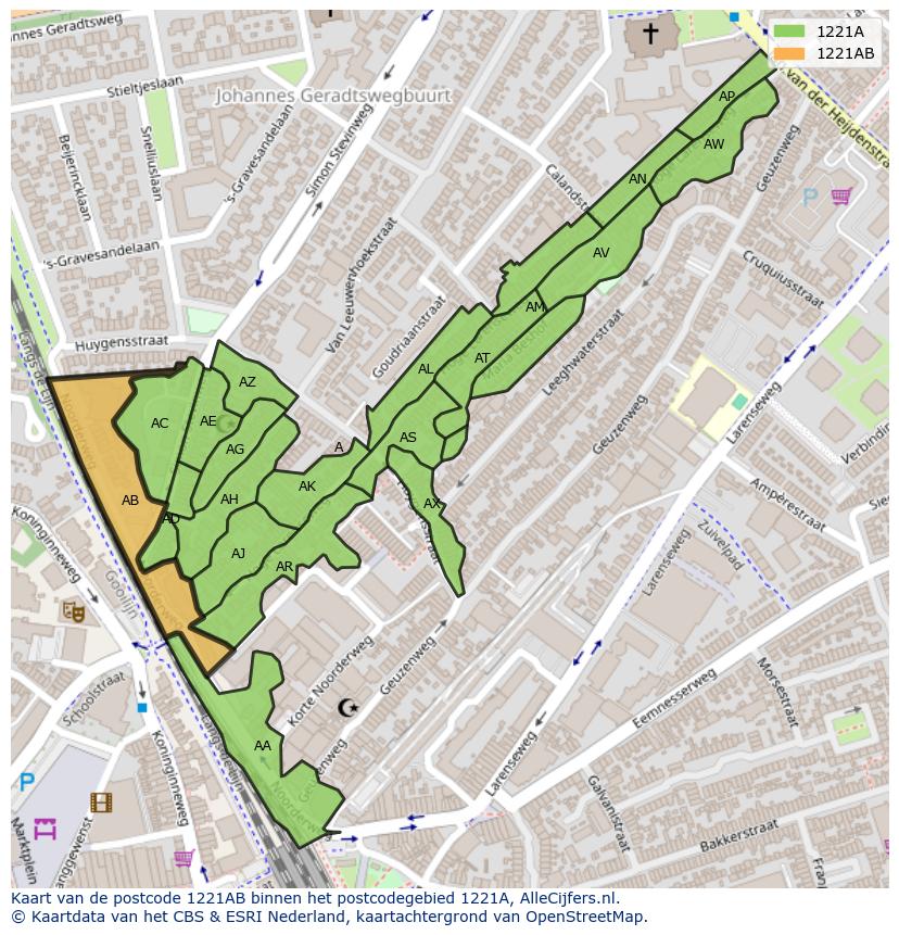Afbeelding van het postcodegebied 1221 AB op de kaart.