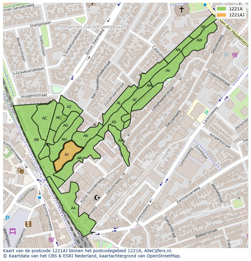 Afbeelding van het postcodegebied 1221 AJ op de kaart.