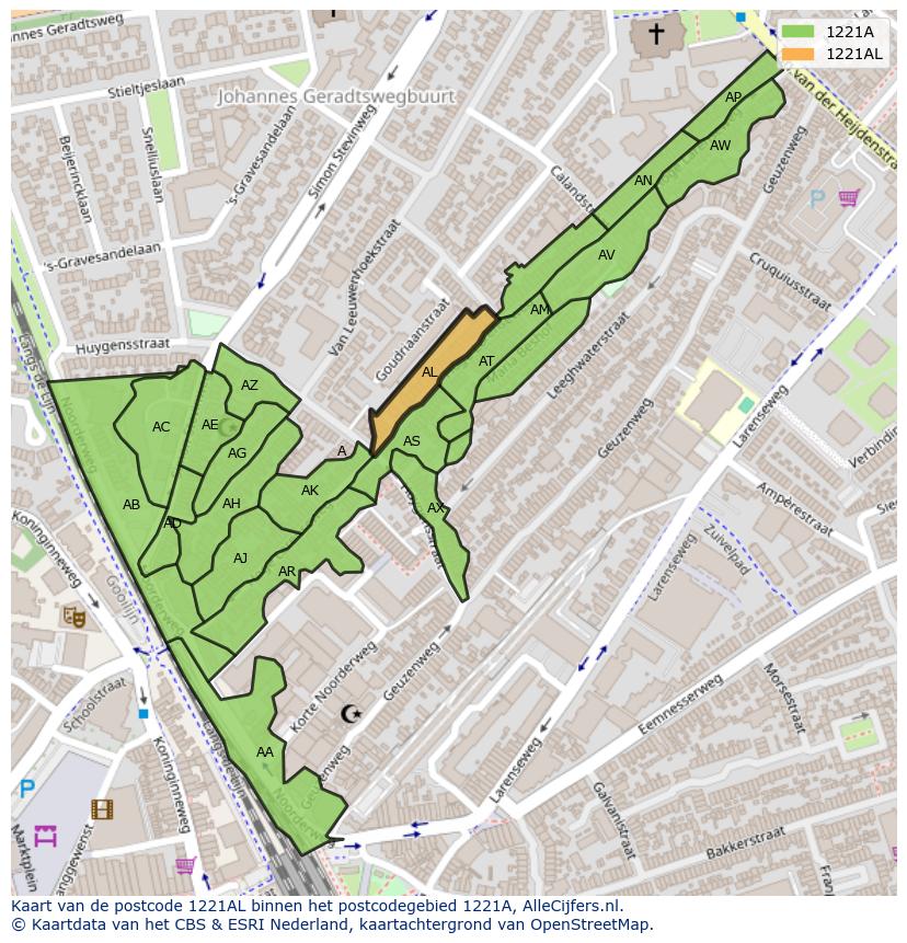 Afbeelding van het postcodegebied 1221 AL op de kaart.