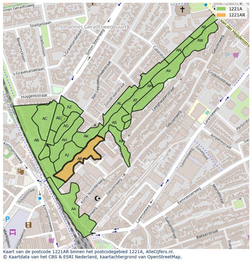 Afbeelding van het postcodegebied 1221 AR op de kaart.