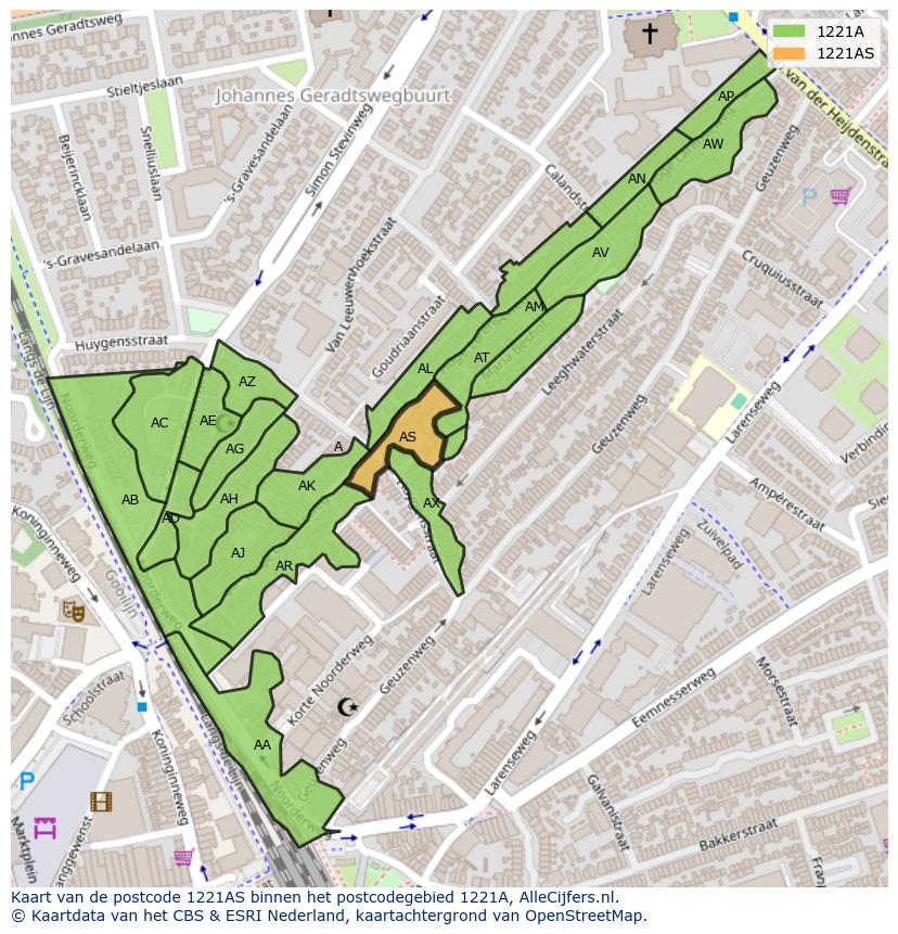 Afbeelding van het postcodegebied 1221 AS op de kaart.