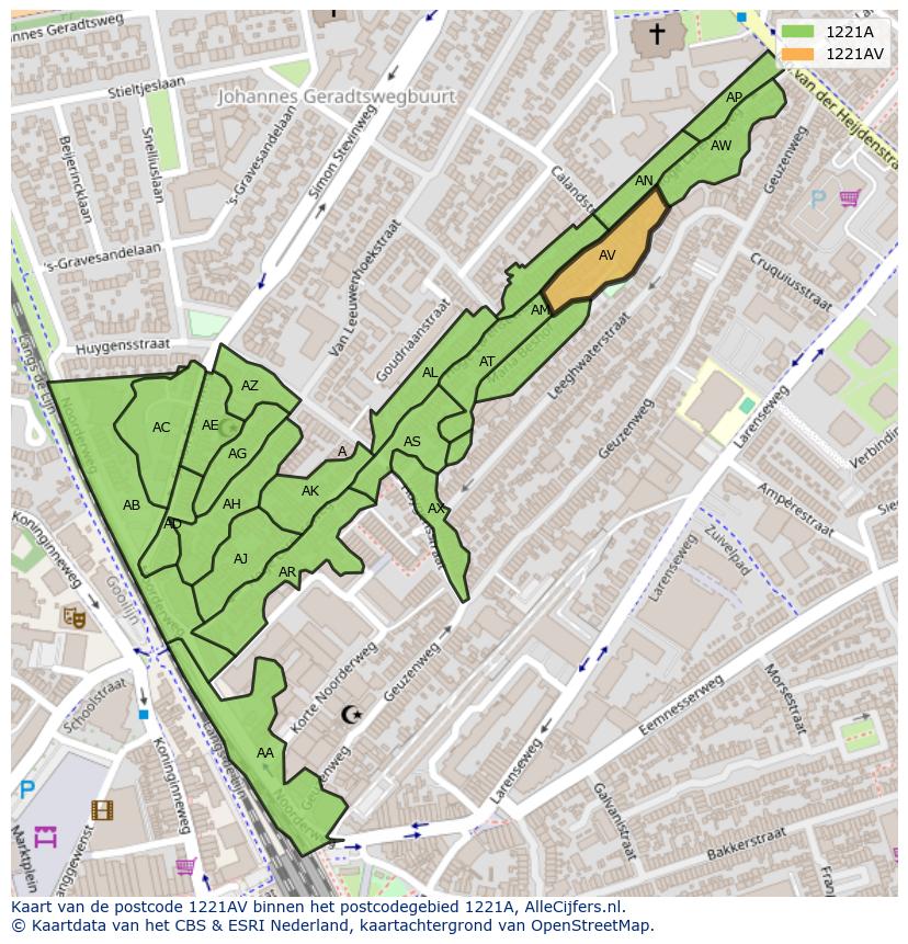 Afbeelding van het postcodegebied 1221 AV op de kaart.