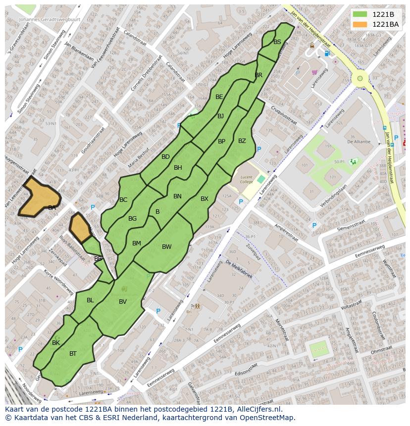 Afbeelding van het postcodegebied 1221 BA op de kaart.