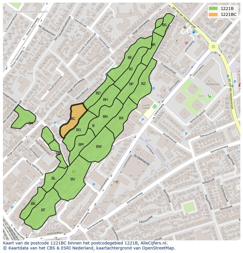 Afbeelding van het postcodegebied 1221 BC op de kaart.