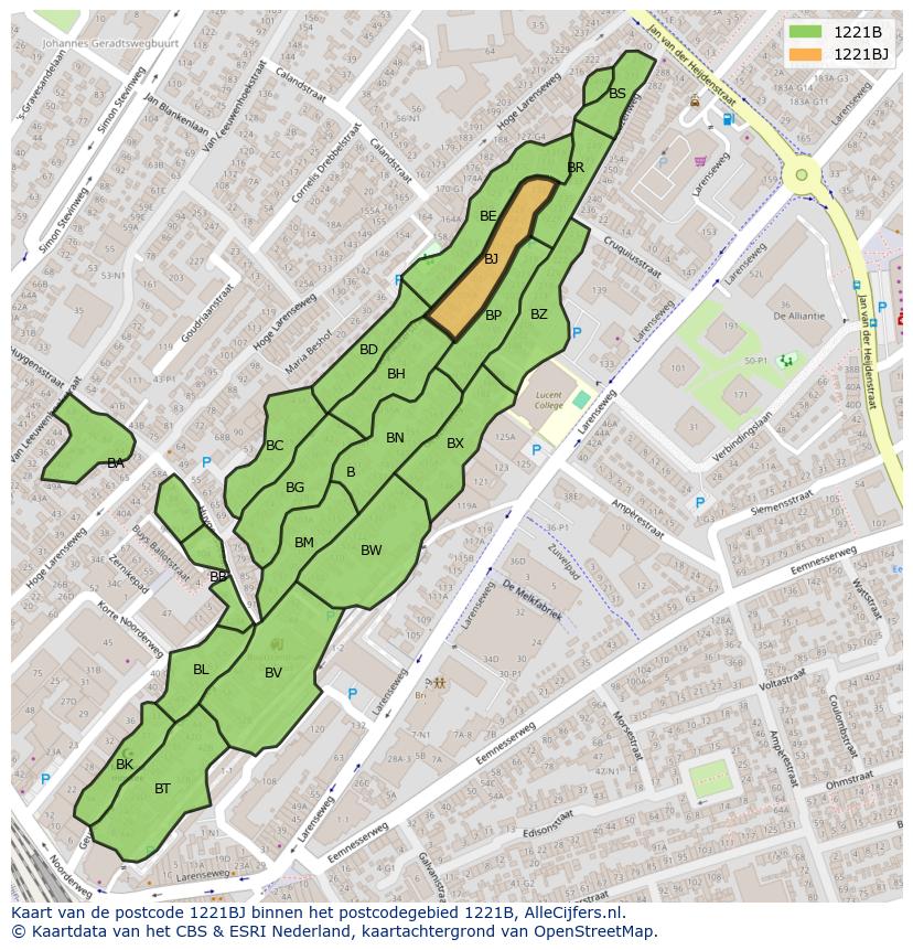 Afbeelding van het postcodegebied 1221 BJ op de kaart.