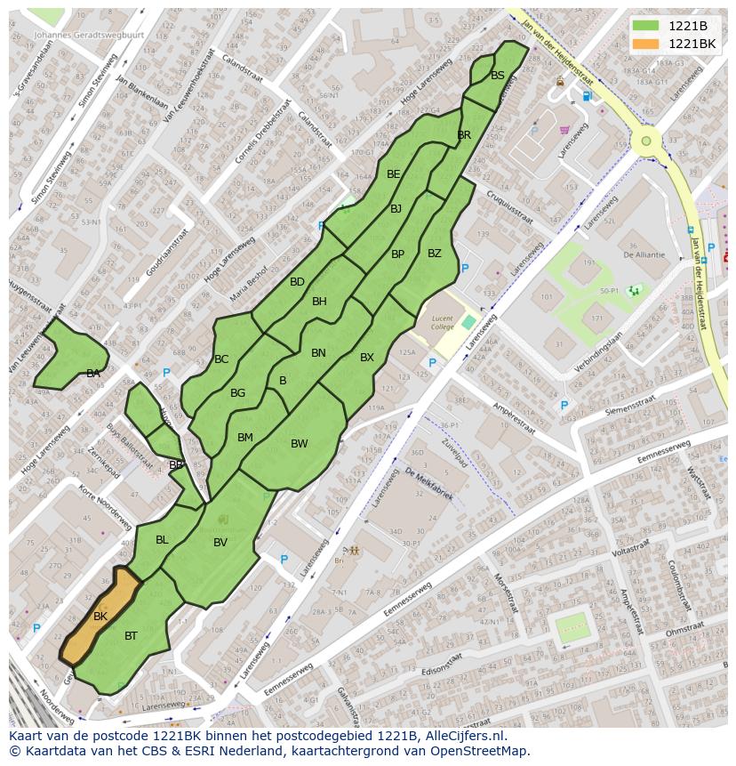 Afbeelding van het postcodegebied 1221 BK op de kaart.