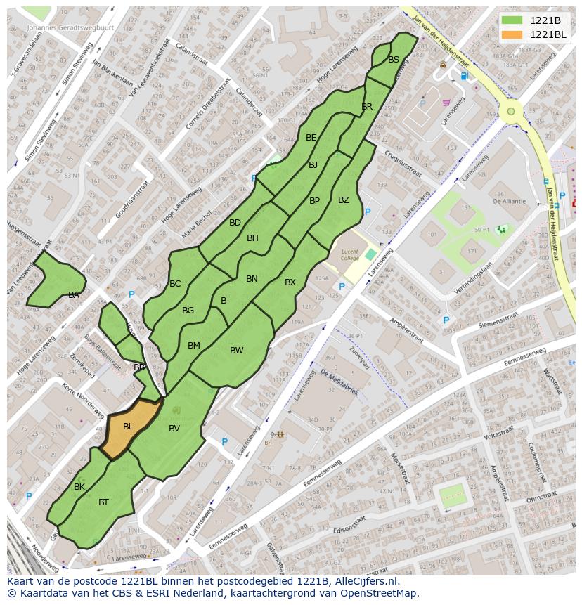 Afbeelding van het postcodegebied 1221 BL op de kaart.