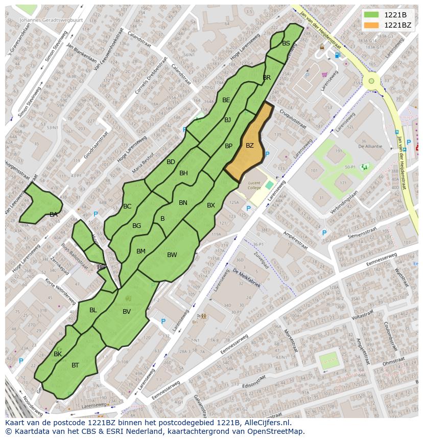Afbeelding van het postcodegebied 1221 BZ op de kaart.