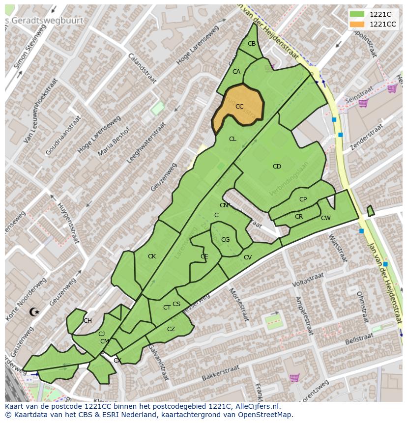 Afbeelding van het postcodegebied 1221 CC op de kaart.