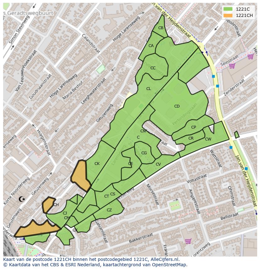 Afbeelding van het postcodegebied 1221 CH op de kaart.