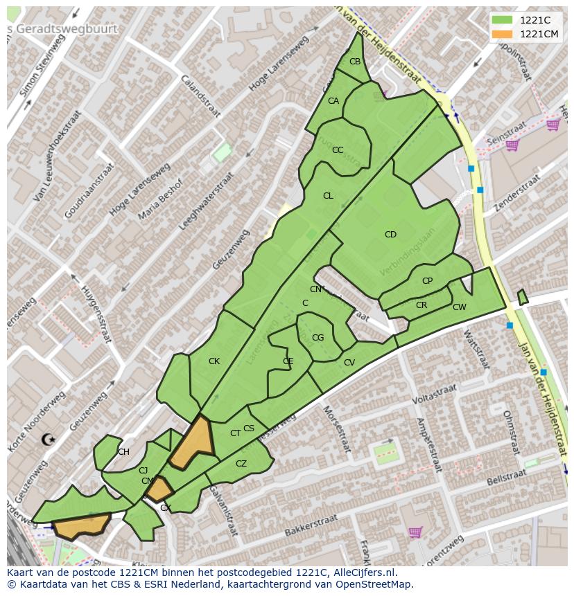 Afbeelding van het postcodegebied 1221 CM op de kaart.