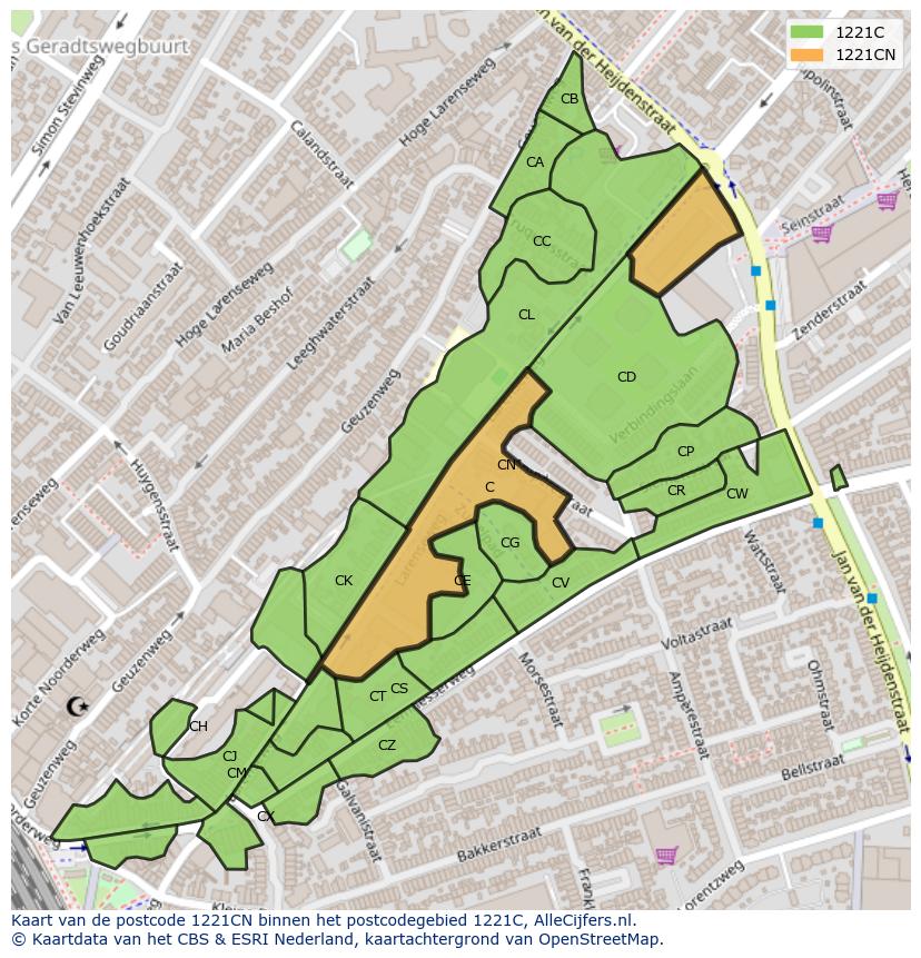 Afbeelding van het postcodegebied 1221 CN op de kaart.
