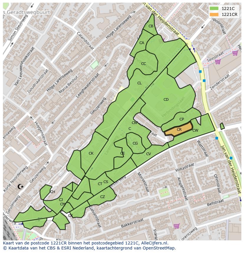 Afbeelding van het postcodegebied 1221 CR op de kaart.