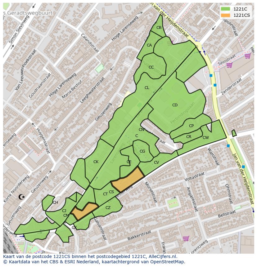 Afbeelding van het postcodegebied 1221 CS op de kaart.